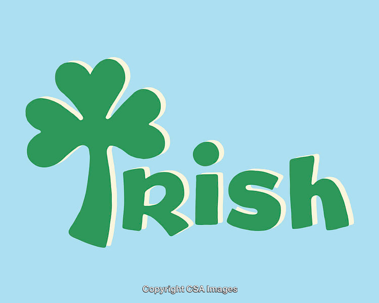 Illustrated Green Shamrock with 'Irish' Text on Blue Background