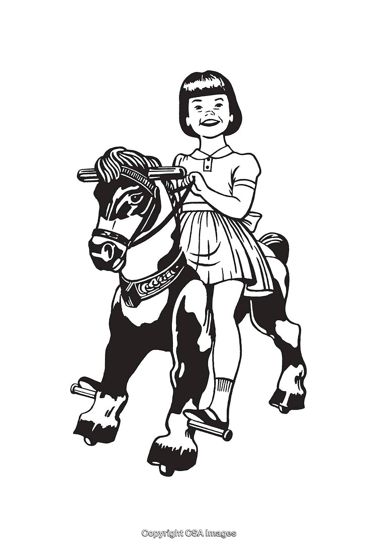 Retro Black And White Illustration of Child Riding Rocking Horse