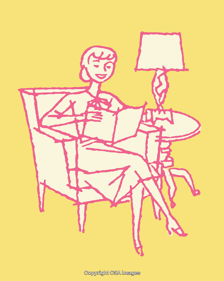 Retro Line Art Illustration of a Woman Relaxing in an Armchair
