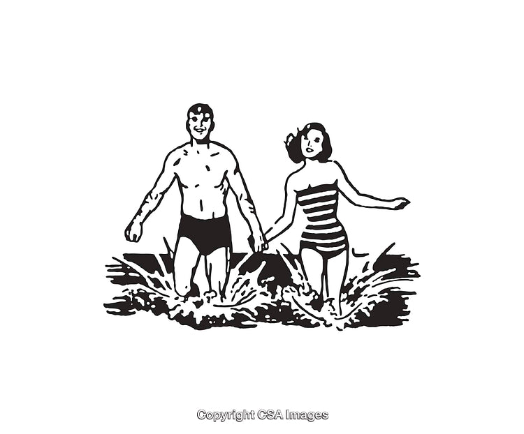 Retro Black and White Illustration of a Couple Walking in the Water
