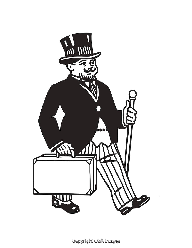 Retro Black and White Illustration of a Distinguished Gentleman Carrying a Briefcase