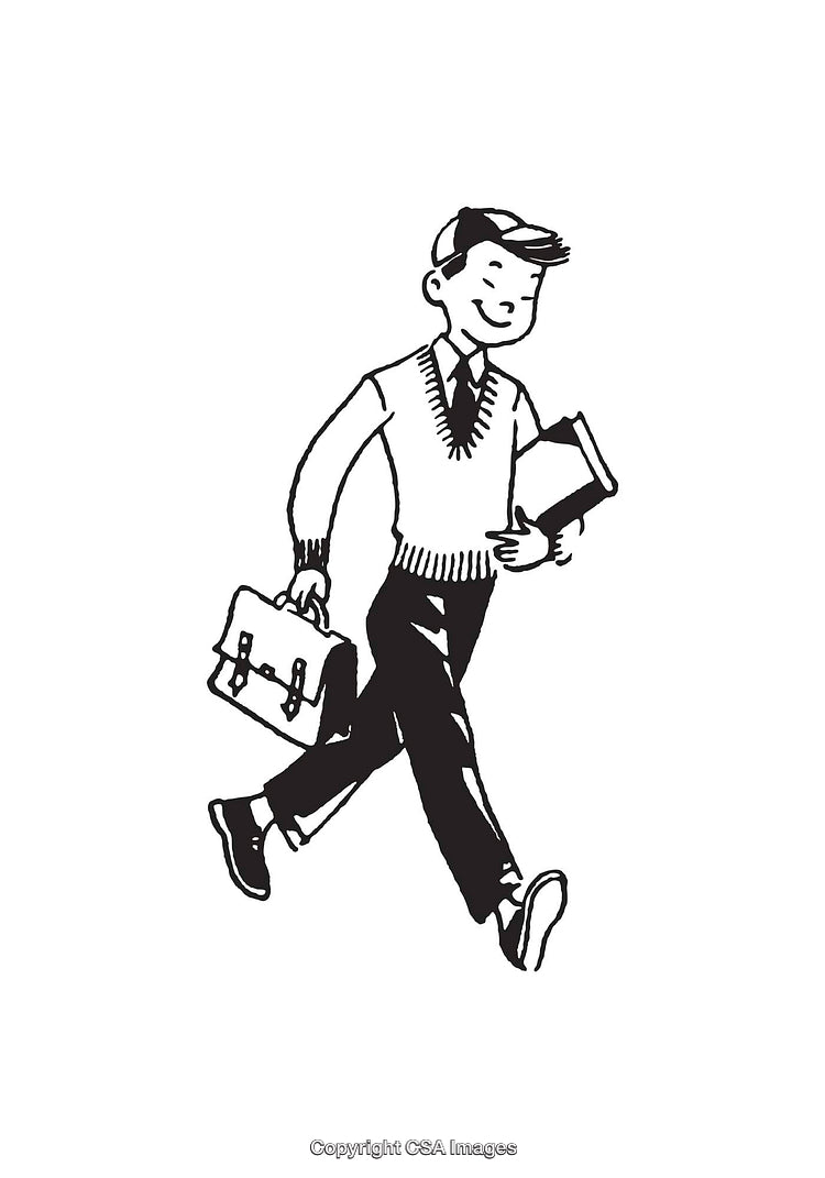 Retro Styled Illustration of a Cheery Schoolboy Walking with Briefcase