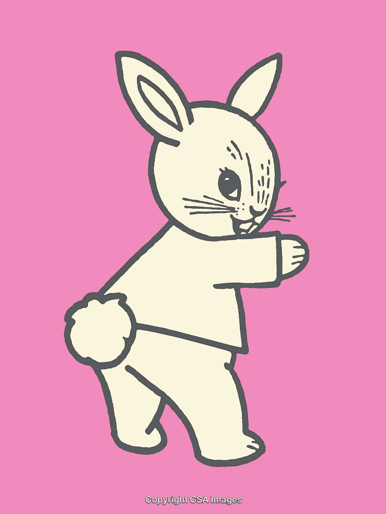 Cute Cartoon Bunny in Line Art Style on Pink Background