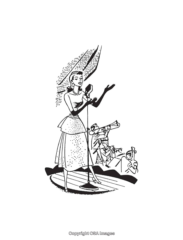 Black and White Line Art of Jazz Singer Performing with Musicians
