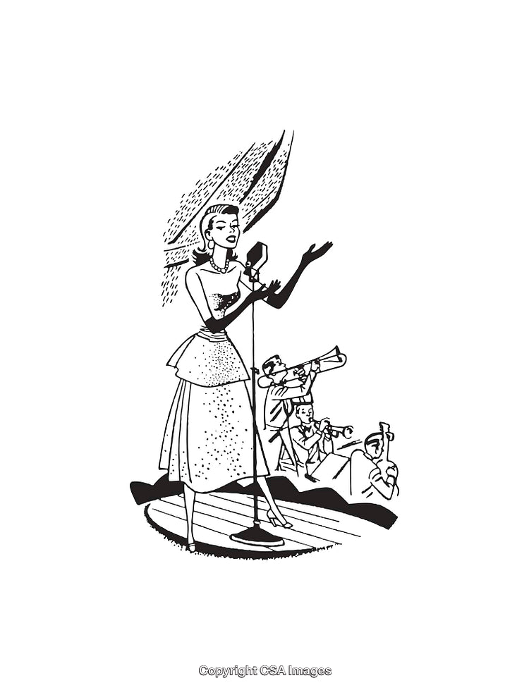 Black and White Line Art of Jazz Singer Performing with Musicians