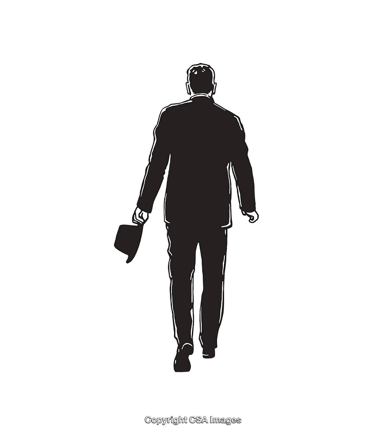 Black and White Line Art of a Businessman Walking Holding a Hat
