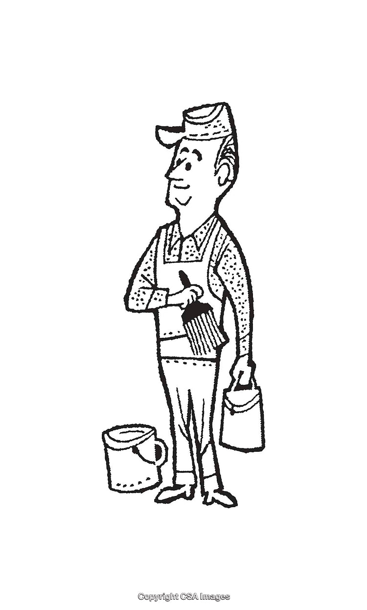 Black and White Line Art Illustration of a Smiling Worker With Tools