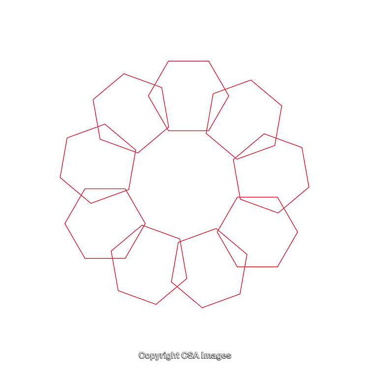 Abstract Red Pentagonal Shapes Forming a Symmetrical Circular Pattern