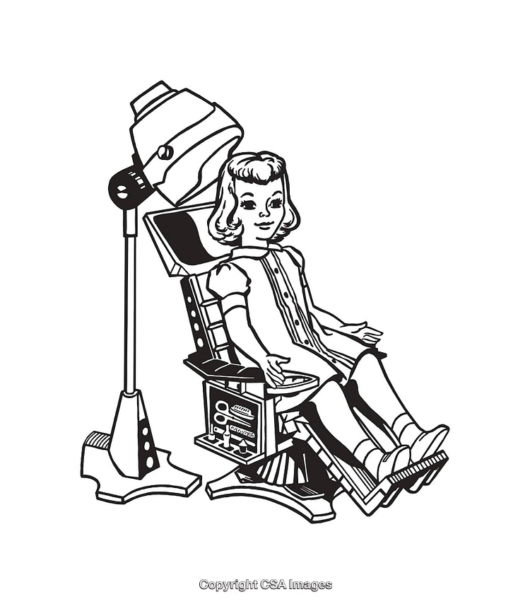 Vintage Line Art of Girl in Salon Under Hair Dryer