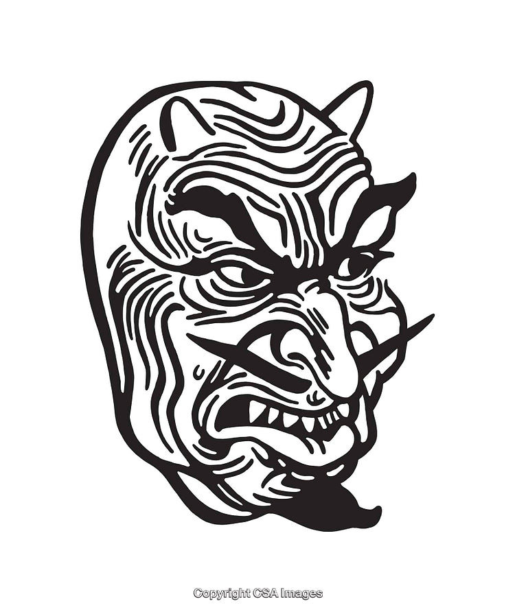 Intricate Black and White Line Art Demon Mask Illustration
