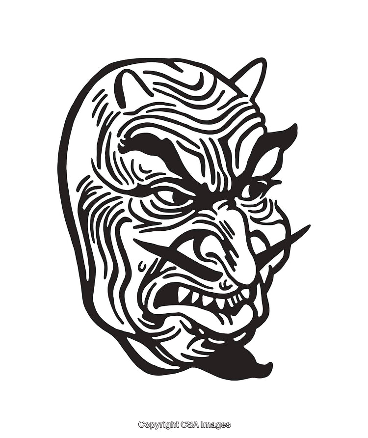 Intricate Black and White Line Art Demon Mask Illustration