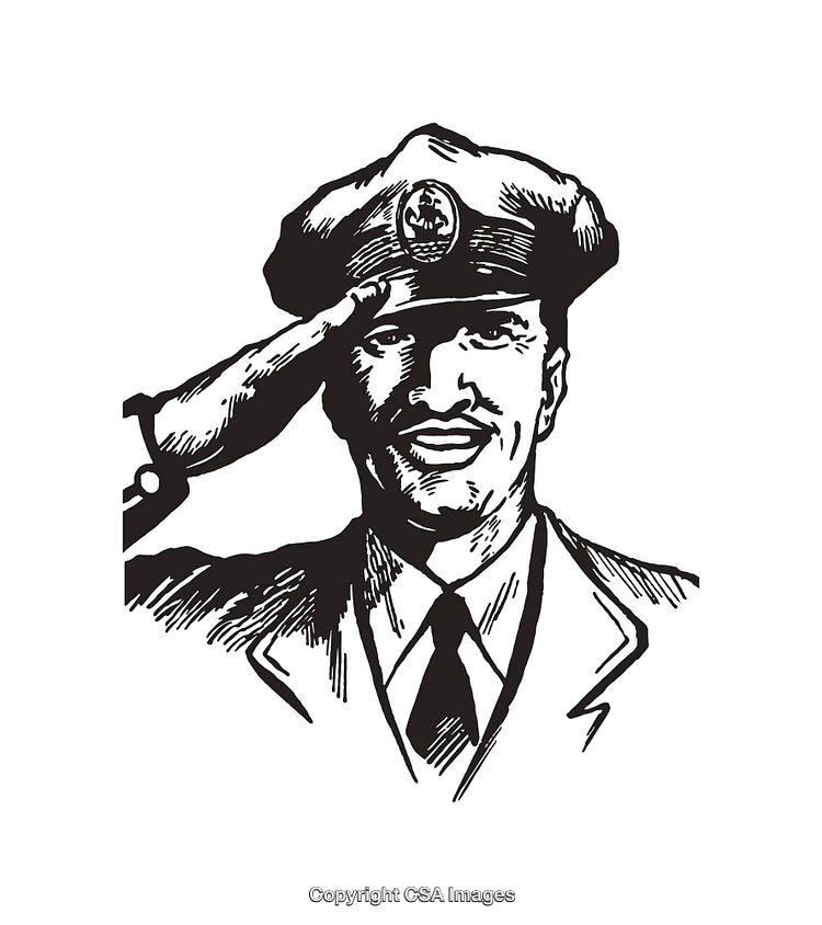 Black and White Artwork of Saluting Military Officer in Formal Uniform