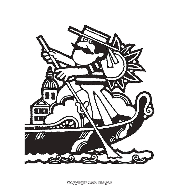 Black and White Line Art of Gondolier in Venice with Urban Scene
