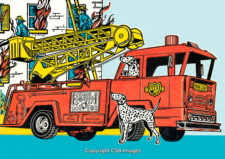 Dalmatians and Firetruck Near Burning Building With Firefighters in Action