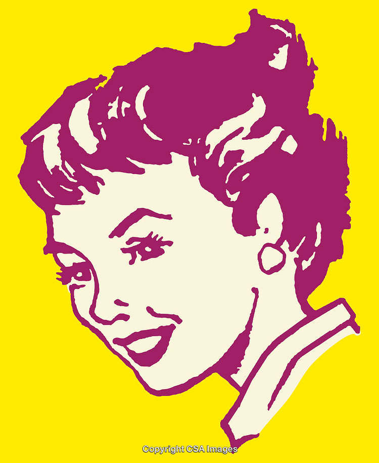 Vintage Pop Art Style Female Portrait on Bright Yellow Background