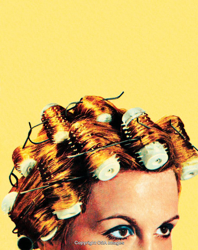 Retro Style Image of Woman with Curlers and Yellow Background
