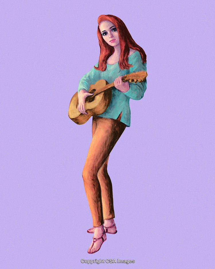 Colorful Illustration of a Woman Playing Guitar on a Solid Background