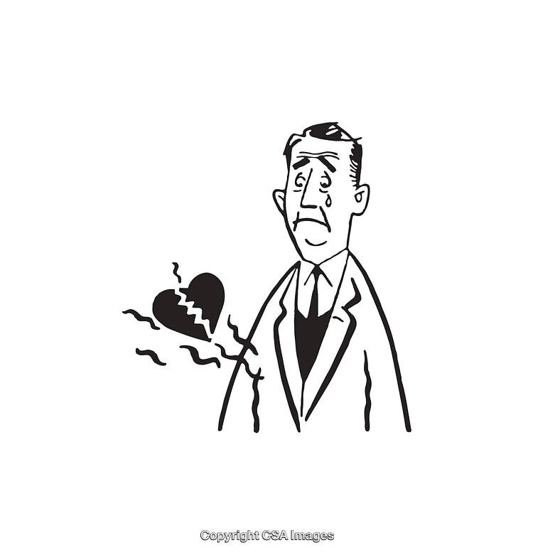 Sad Man Illustrated with Broken Heart in Black and White Line Art