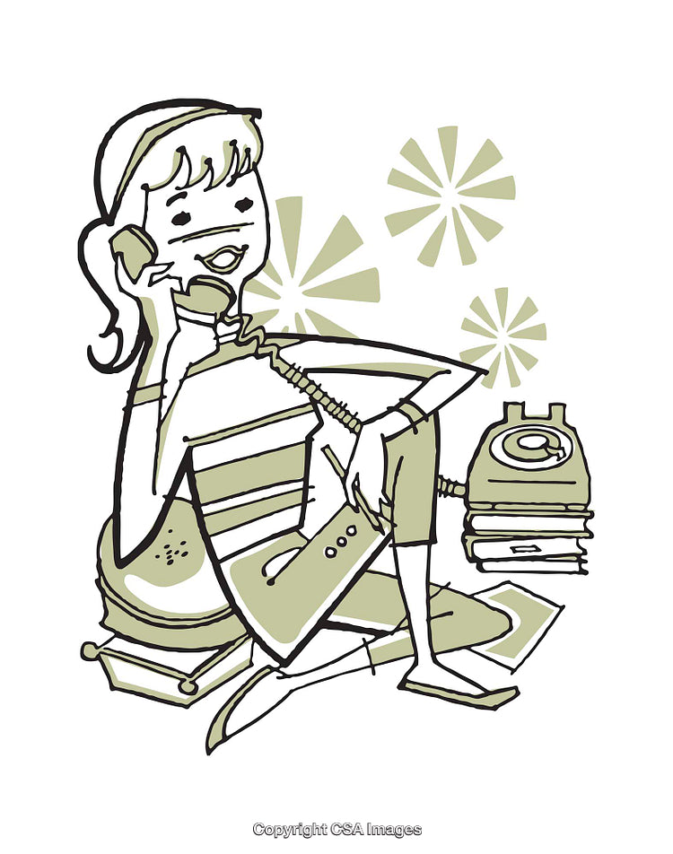 Retro Illustration of a Woman Talking on a Rotary Phone with Books