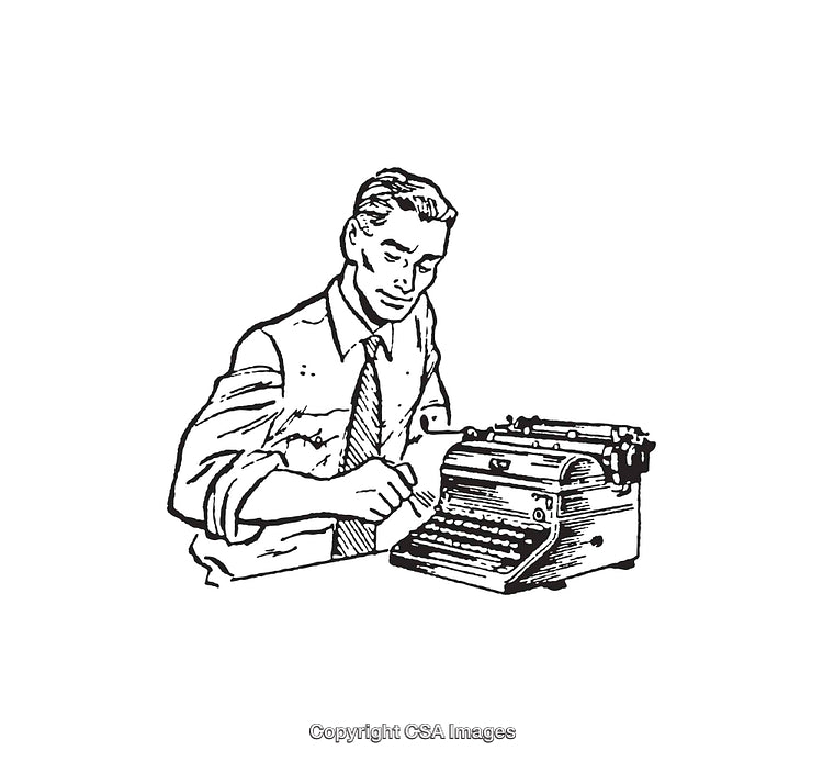Monochrome Illustration of a Man Typing Using a Vintage Typewriter