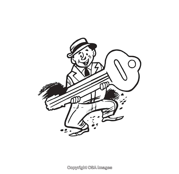 Vintage Illustrated Man Carrying a Large Skeleton Key with a Smile