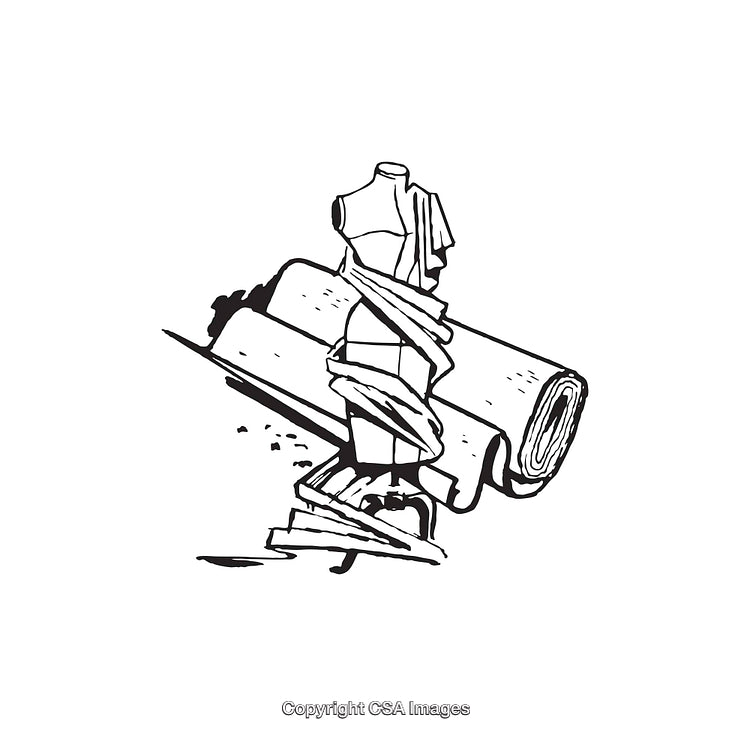 Fashion Mannequin and Fabric Rolls Line Art Illustration