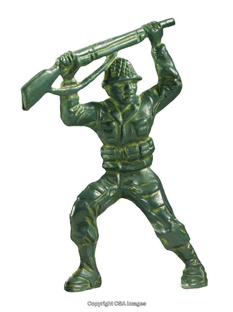 Green Plastic Toy Soldier Holding Rifle in Dramatic Battle Pose