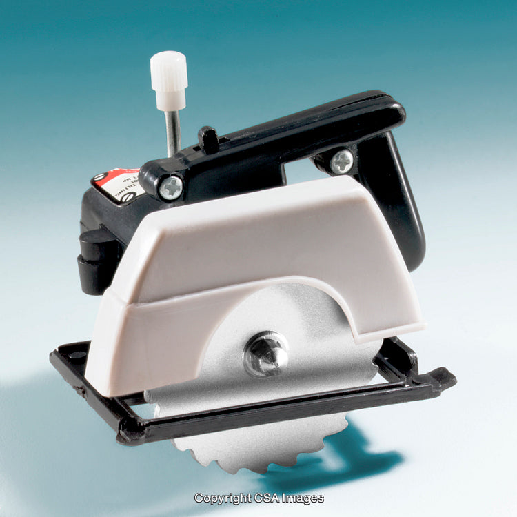 Close-Up of Small Toy Circular Saw on Blue Background