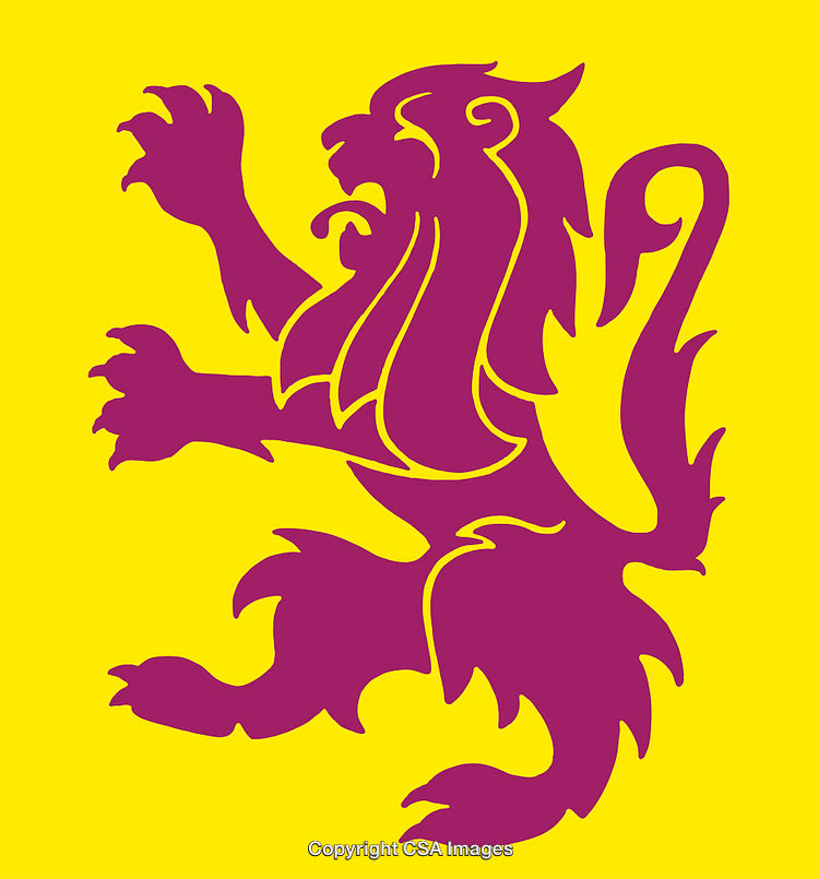 Purple Lion Heraldic Design on Yellow Background in Bold Contrast Illustration