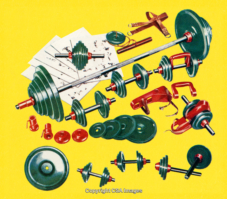 Vintage Gym Equipment Illustration Featuring Dumbbells and Weightlifting Accessories