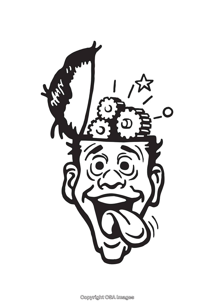 Surreal Line Art of Cartoon Face with Mechanical Elements and Open Head