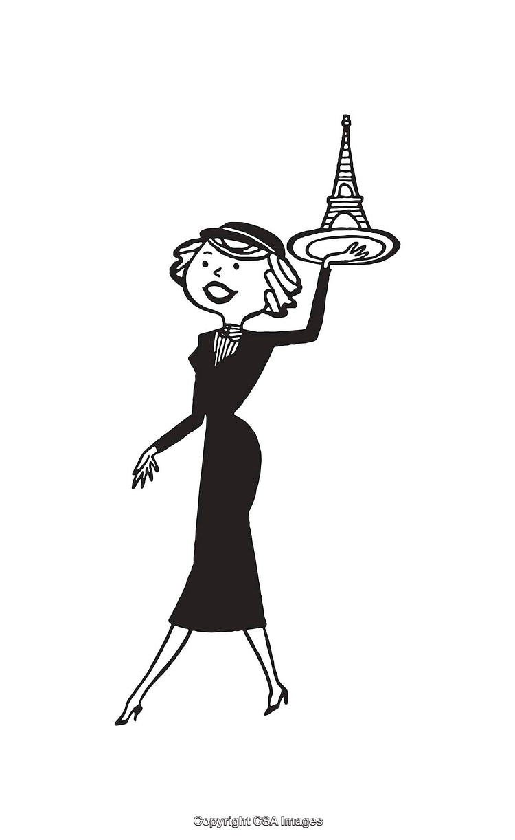 Elegant Woman Holding Eiffel Tower Illustration in Black and White Line Art Style