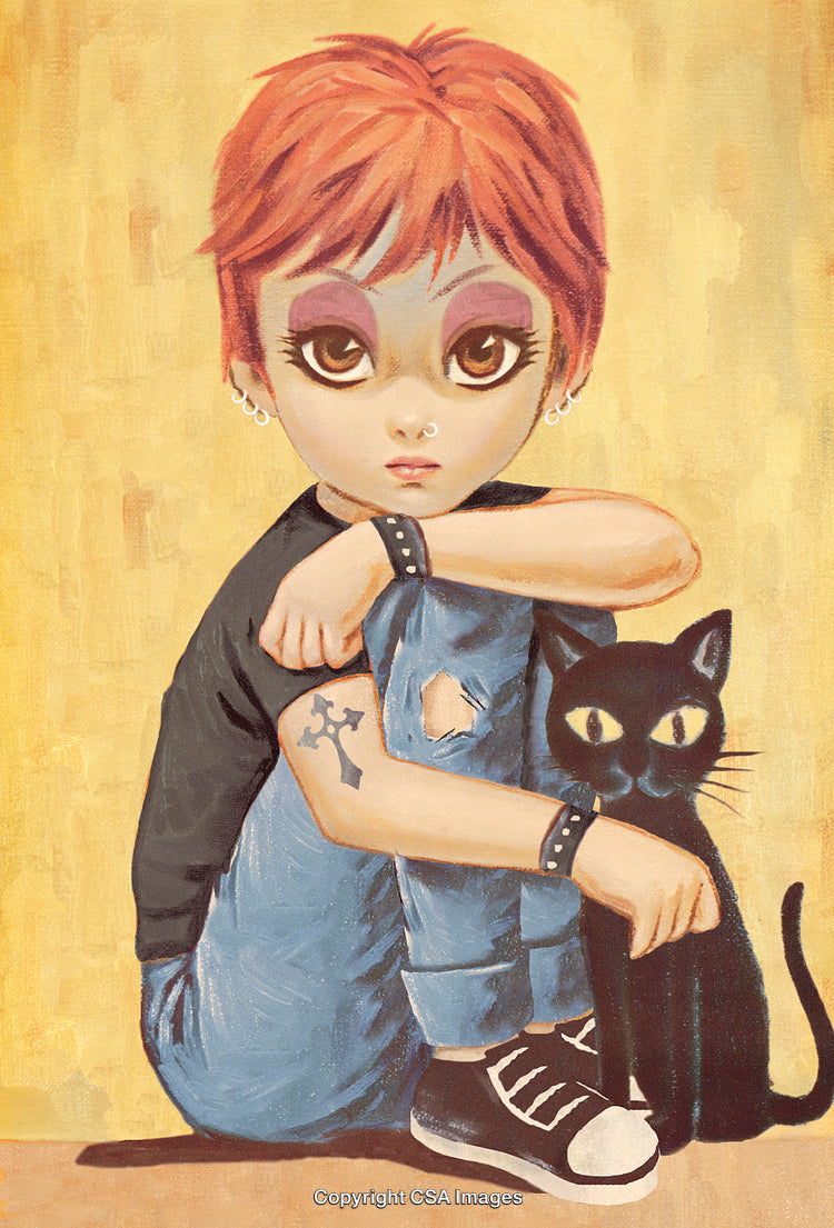 Stylized Illustration of Girl with Orange Hair and a Black Cat