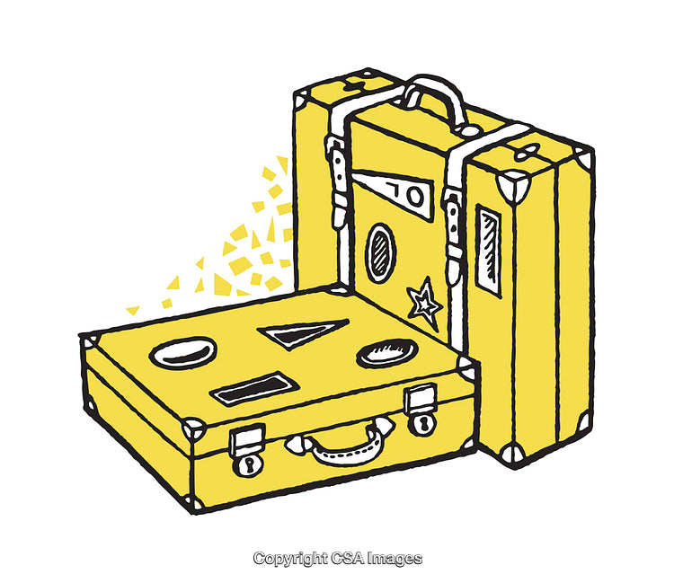 Yellow Illustrated Suitcase With Fun Geometric Patterns and Travel Theme
