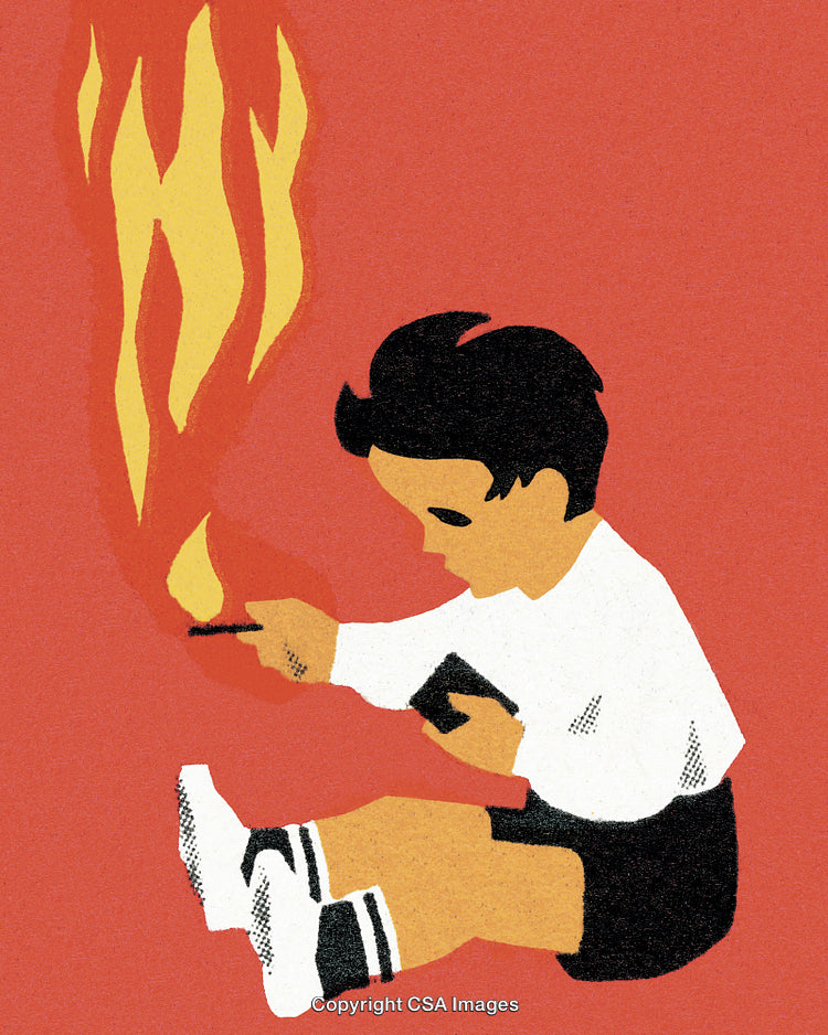 Illustration of a Boy Handling Fire Against a Bold Red Background