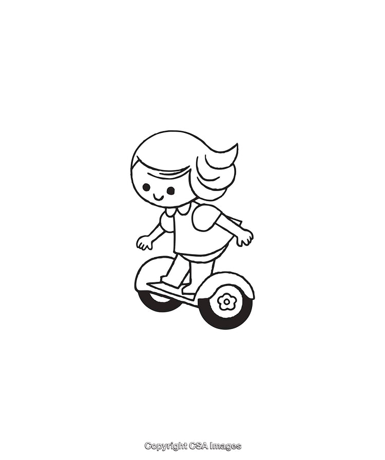 Cartoon Girl Riding a Hoverboard in Fun Black and White Line Art