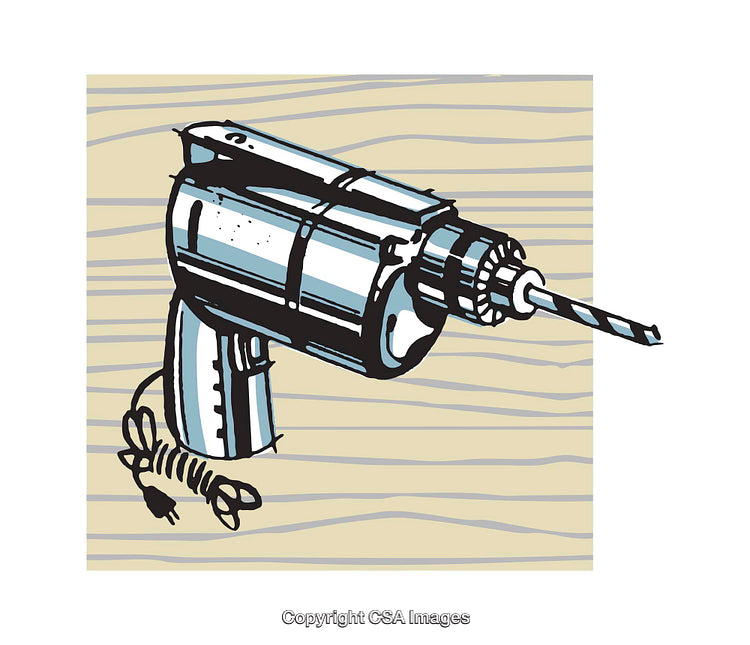 Retro Illustration of a Power Drill with Electric Cord and Wooden Background
