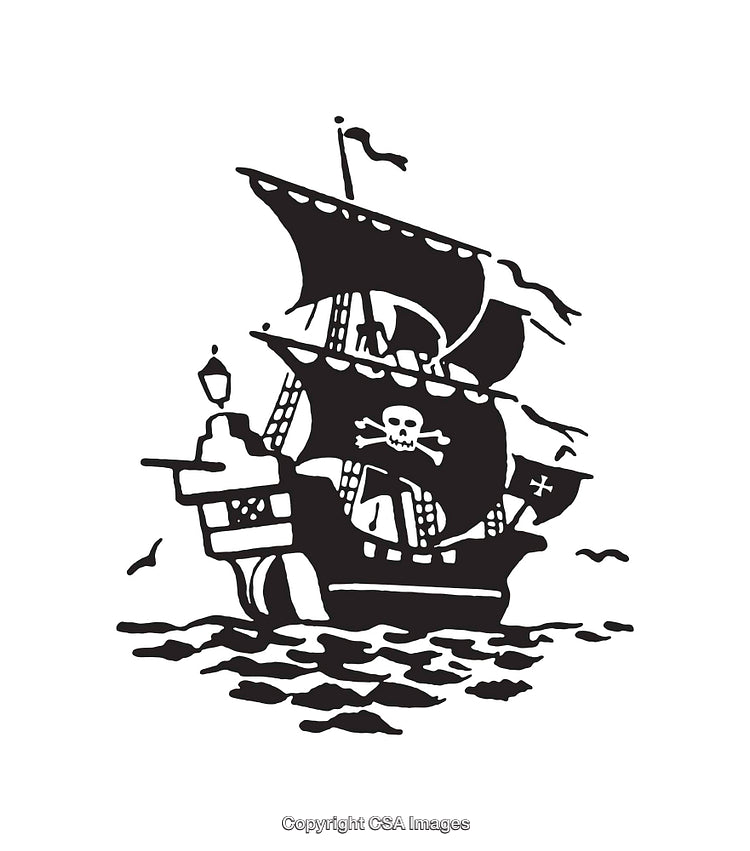 Black and White Pirate Ship Line Art Illustration with Skull and Crossbones