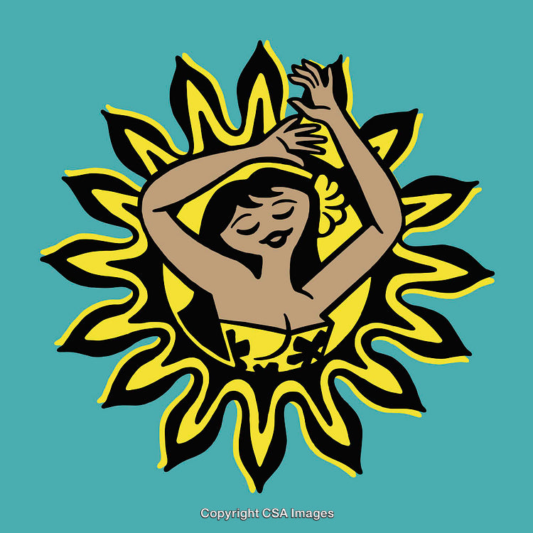 Illustration of a Woman Within a Decorative Yellow Sun Design