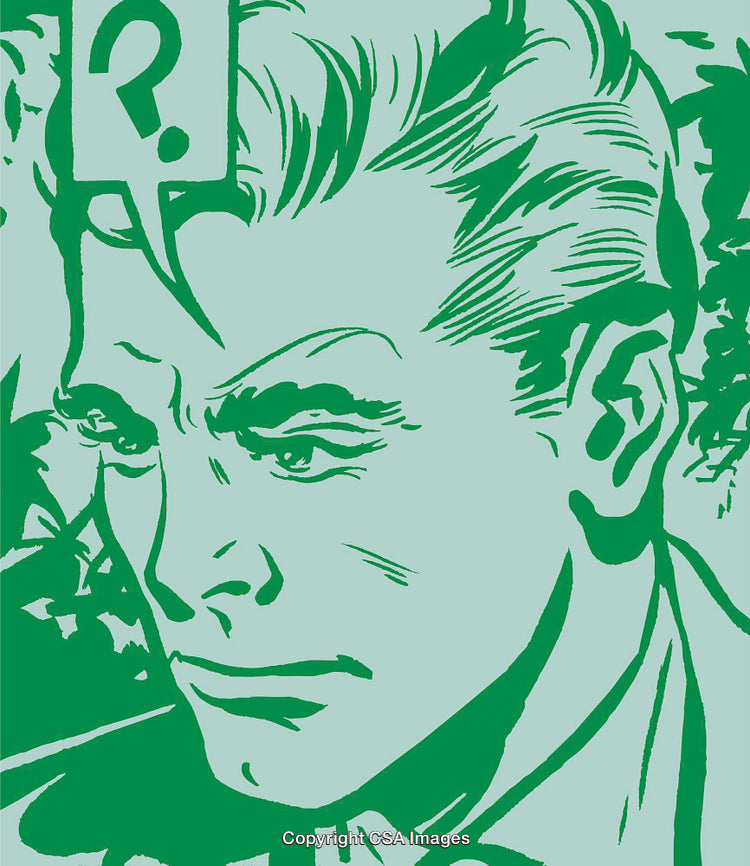 Stylized Portrait of a Thoughtful Man with a Question Speech Bubble