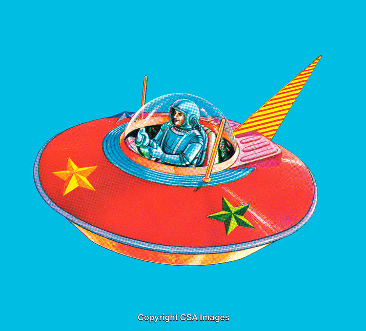 Retro Astronaut Driving a Vibrant Spaceship in Outer Space