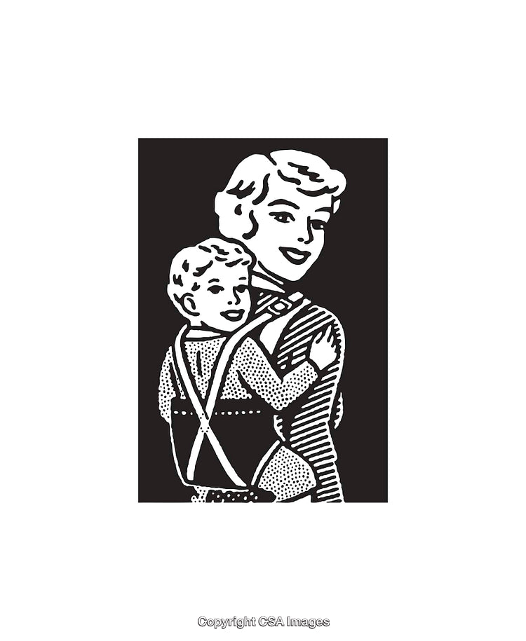 Mother Carrying Her Child in a Vintage Black and White Illustration