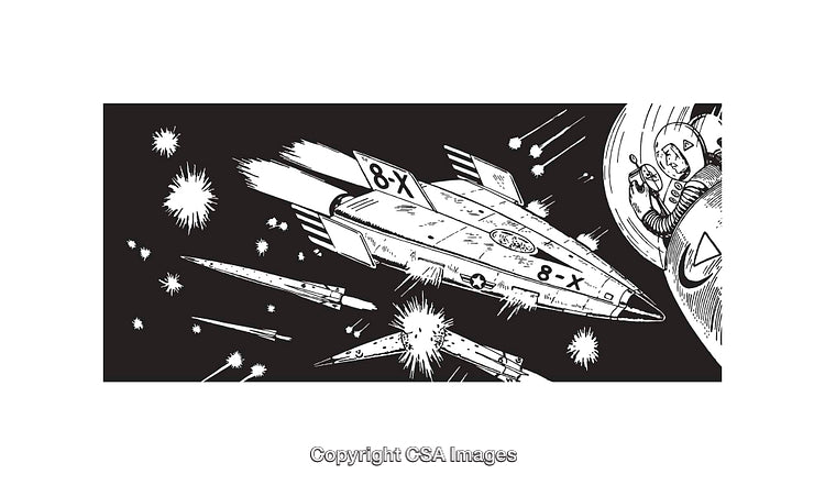 Retro Sci-Fi Spaceship Illustrated in Black and White Line Art Style