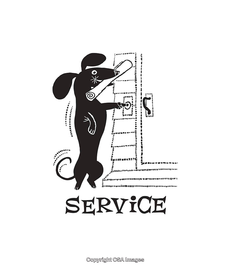 Whimsical Illustration of a Dog Providing Service in Black and White