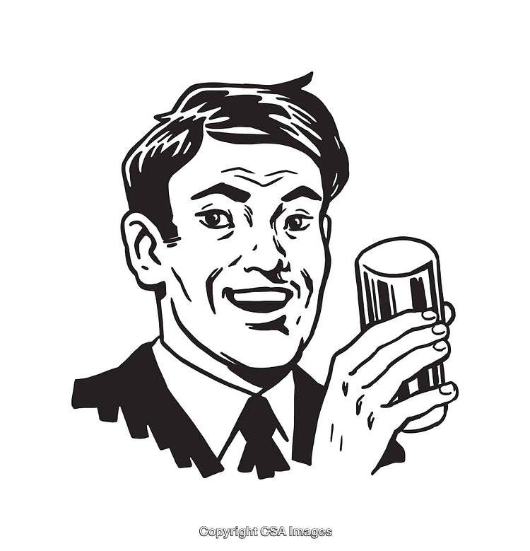 Retro Styled Line Art of a Smiling Man Holding a Beverage Glass