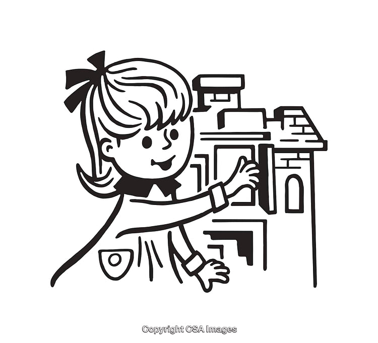 Black and White Illustration of a Girl with a Model Building