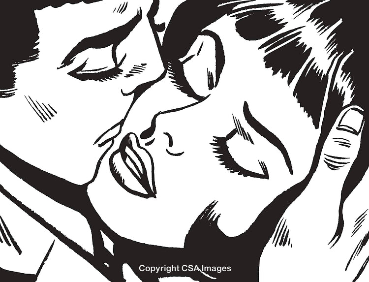 Artistic Black and White Illustration of a Romantic Couple Sharing a Kiss