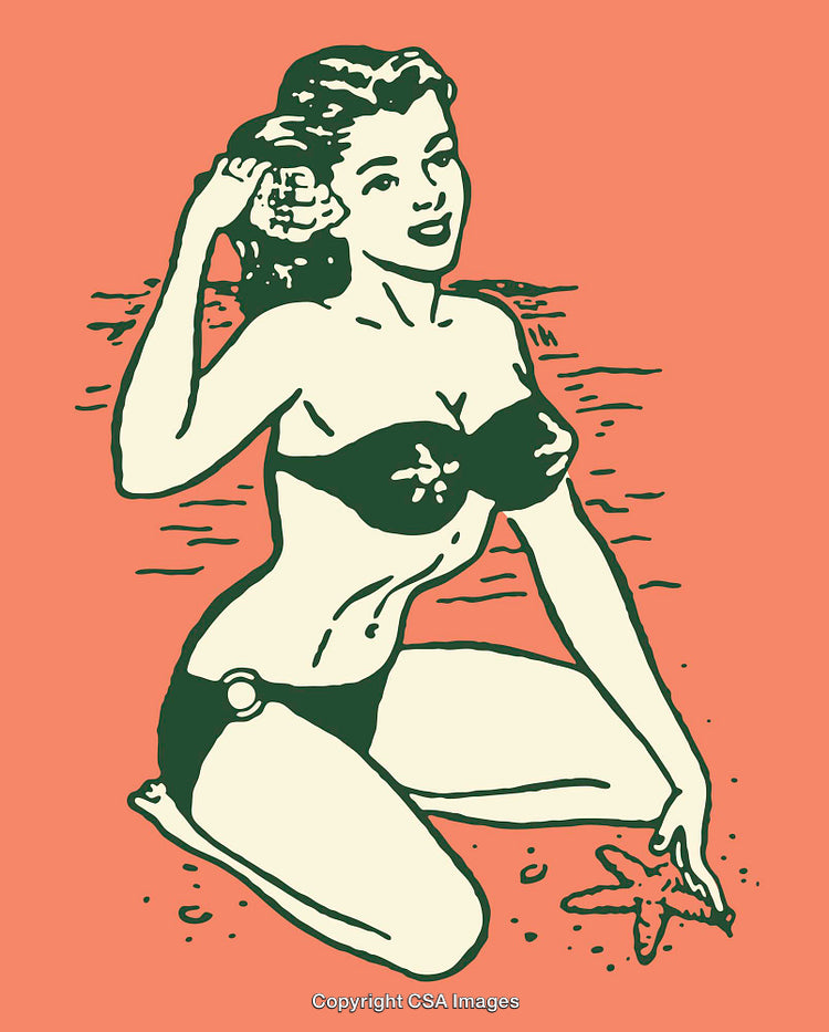 Retro Beach Scene in Vibrant Color with Woman Holding a Seashell