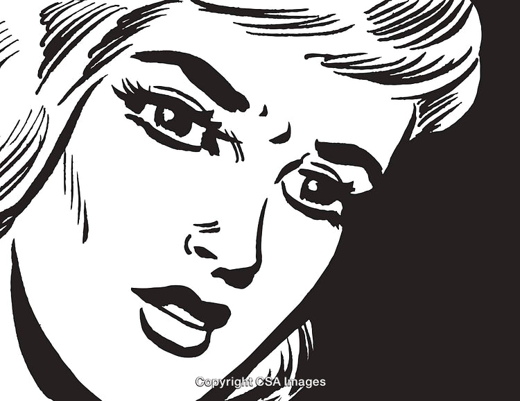 Black and White Vintage Comic Woman Illustration Close-Up