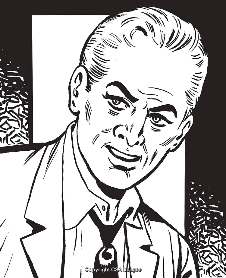 Black and White Illustration of Man's Confident Expression in Retro Style